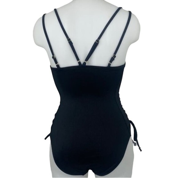 California Waves BLACK Ribbed One Piece Strappy Swimsuit Medium NWT - Picture 3 of 3